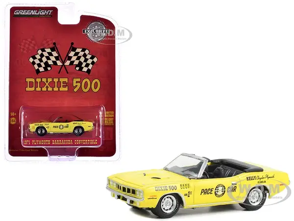 1971 Plymouth Barracuda Convertible "Dixie 500 Pace Car" Yellow "Hobby Exclusive" Series 1/64 Diecast Model Car by Greenlight