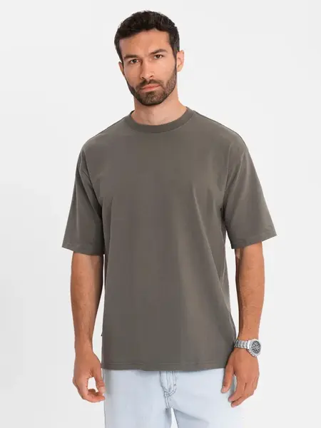 Ombre Men's LOOSE FIT cotton t-shirt with round neckline - dark olive