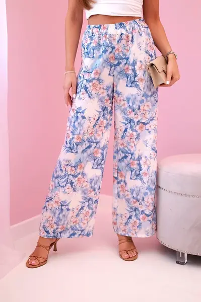 Kesi Włoski Dámské široké kalhoty s květinovým potiskem modrý