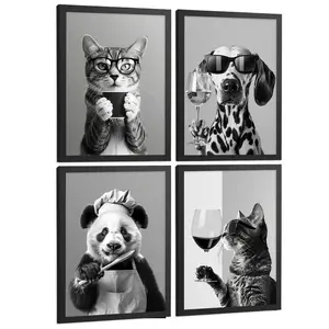 Nacnic PLAKAT Sada 4 Byn Animals A4 Černý rám
