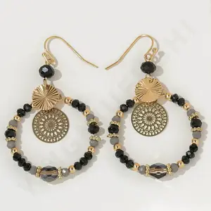 Brass Glass Flat Round with Rondelle Beaded Dangle Earrings