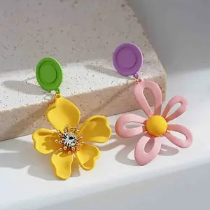 Baking Paint Alloy & Crystal Rhinestone Flower Dangle Earrings