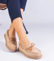 Gemre Beige Women's Eco-Suede Loafers with Bow Sarina