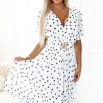 604-2 Sensual black polka dot dress with a wrap neckline and decorative belt - white