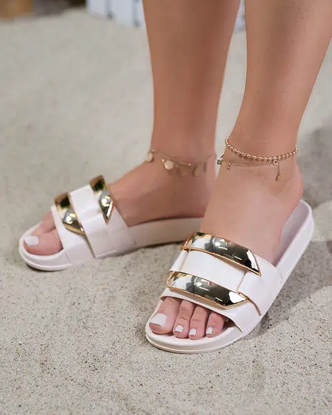 Resti Women's beige slippers with golden Serina ornament - Footwear