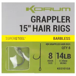 Korum návazec grappler 15” hair rigs barbless 38 cm - velikost háčku 8 průměr 0,30 mm nosnost 14 lb