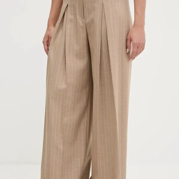 Kalhoty HUGO dámské, hnědá barva, široké, high waist, 50542691