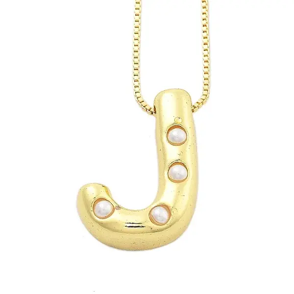 Brass & Plastic Pearl Letter Pendant Box Chain Necklaces for Women