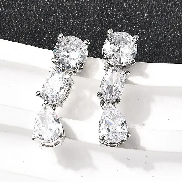 Brass Micro Pave Clear Cubic Zirconia Teardrop Dangle Stud Earrings