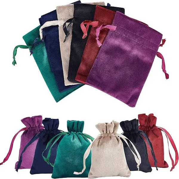12Pcs 6 Colors Velvet Bags Drawstring Jewelry Pouches
