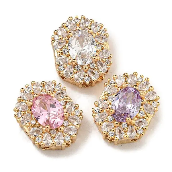 Oval Brass Micro Pave Cubic Zirconia Beads