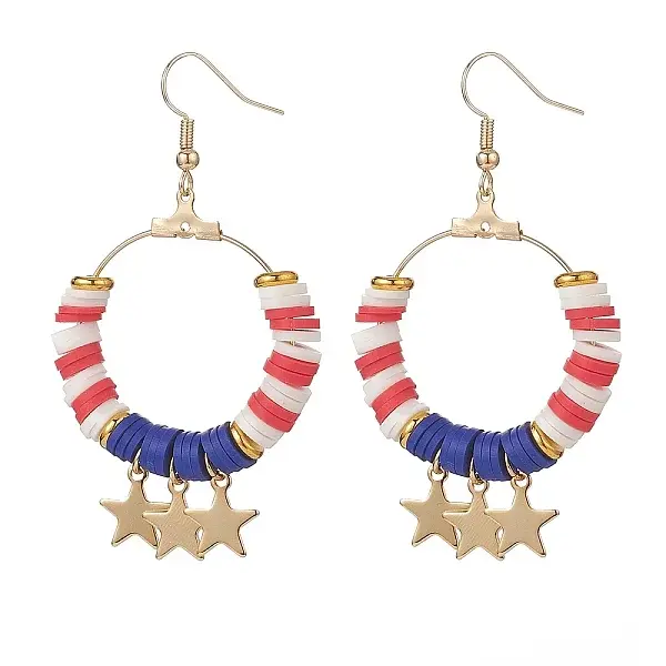 Independence Day Polymer Clay Heishi Beaded Ring with Star Dangle Earrings