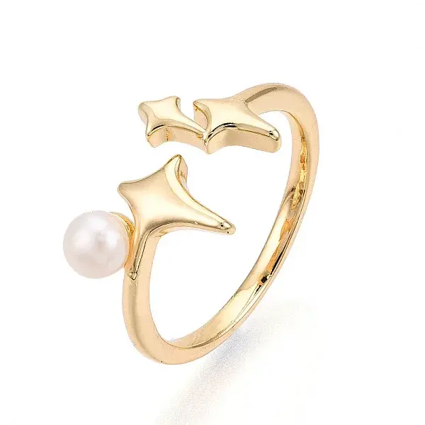 Brass & Natural Pearls Adjustable Open Cuff Rings for Women