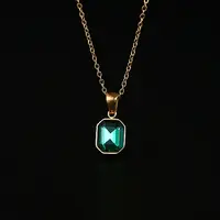 Glass Rectangle Pendant Necklace with Golden Stainless Steel Chains