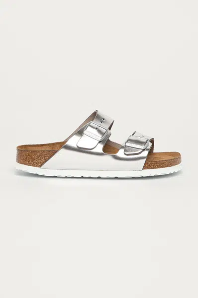 Kožené pantofle Birkenstock Arizona SFB dámské, stříbrná barva, 1005961