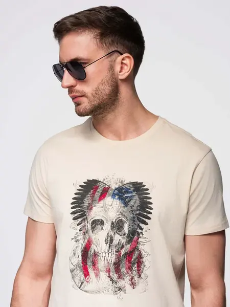 Ombre Men's cotton t-shirt with rock style print - cream