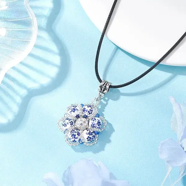 Handmade Blue and White Porcelain & Glass Seed Beaded Flower Pendant Waxed Cotton Cord Necklaces