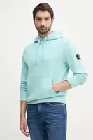 Bavlněná mikina Calvin Klein Jeans pánská, tyrkysová barva, s kapucí, s aplikací, J30J323430