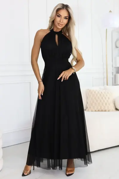 Černé maxi šaty s halter výstřihem a tylem