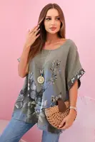 Kesi Włoski Dámská bavlněná košile s motýly a květinami khaki