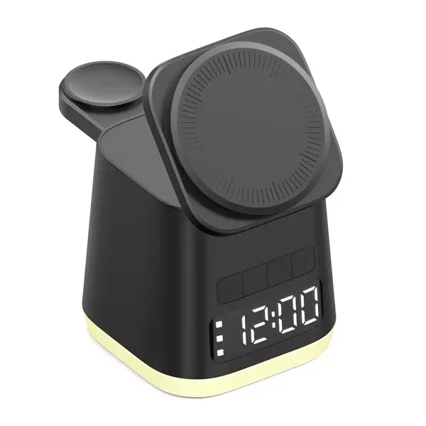 MagDock 6 Pro 6v1 bezdrátová nabíjecí stanice s hodinami a nočním světlem pro iOS a Android, černá