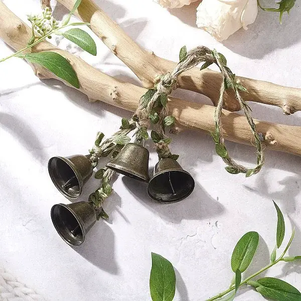 Iron Christmas Bell Polyester Leaf Trim Ribbon Pendant Decorations