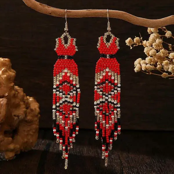 Handmade Bohemian Glass Seed Beads Long Dress Tassel Dangle Earrings