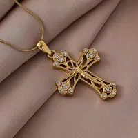 Vintage 316 Surgical Stainless Steel with Clear Glass Hollow Jesus Cross Pendant Necklaces for Women Men