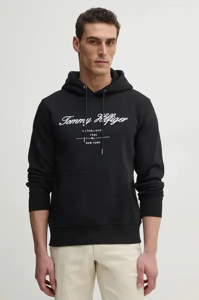 Mikina Tommy Hilfiger pánská, černá barva, s kapucí, s aplikací, MW0MW33631