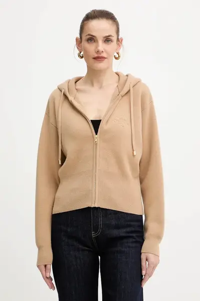 Vlněná halenka Patou dámská, béžová barva, s kapucí, hladká, KN2958041