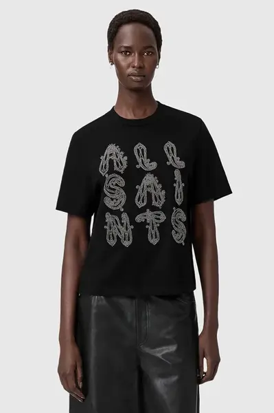 Bavlněné tričko AllSaints dámské, černá barva, W148JD