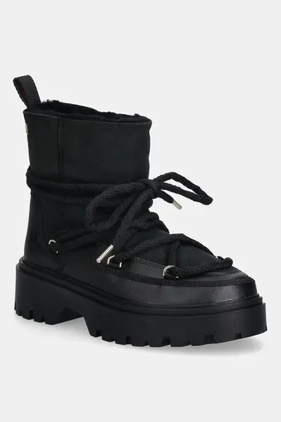Sněhule Tommy Hilfiger REAL SHEARLING LACEUP dámské, černá barva, FW0FW08996