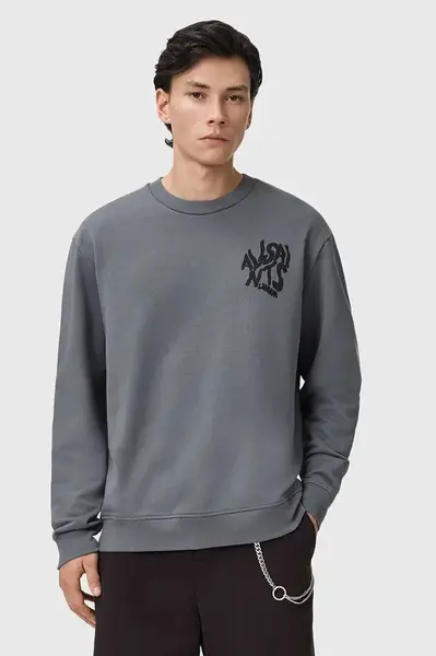 Bavlněná mikina AllSaints ORLANDO pánská, šedá barva, s potiskem, M058NB