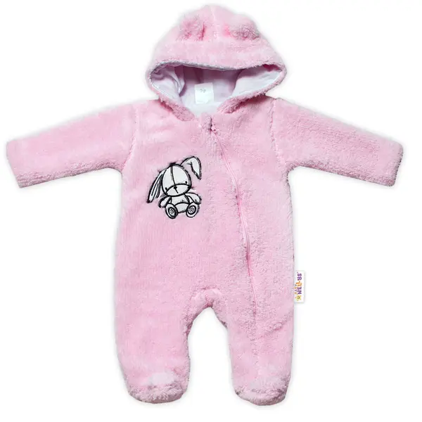 Baby Nellys Chlupáčkový overálek s kapucí, Cute Bunny - světle růžový, vel. 68 vel.  68