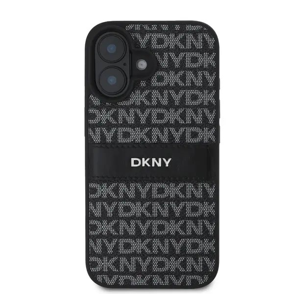 Zadní kryt DKNY PU Leather Repeat Pattern Tonal Stripe pro Apple iPhone 16 Plus, černá