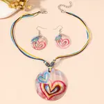 Boho Printed Natural Shell Graffiti Flat Round Pendant Earrings & Necklaces Set