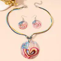 Boho Printed Natural Shell Graffiti Flat Round Pendant Earrings & Necklaces Set