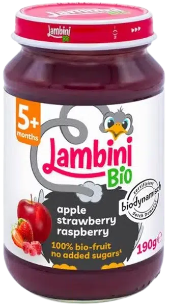 LAMBINI BIO Demeter příkrm jablko, jahoda a malina 190 g