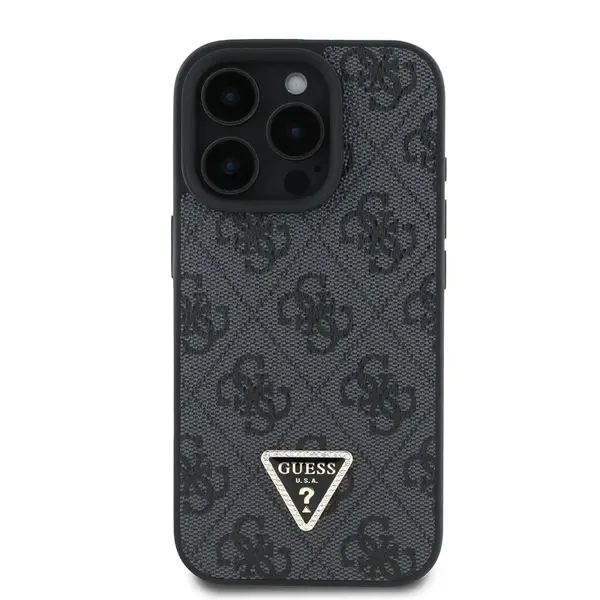 Zadní kryt Guess PU 4G Strass Triangle Metal Logo pro Apple iPhone 16 Pro, černá