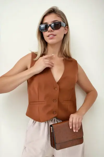 84295 Dewberry Womens Lined Waistcoat with 3-Button Closure-KAHVE