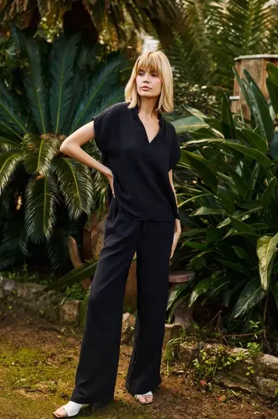 Marisse Black Cotton Wide-Leg Trousers