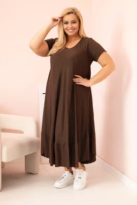 Kesi Włoski Dámské šaty plus size s krátkým rukávem a volánem z lehké viskózy hnědá