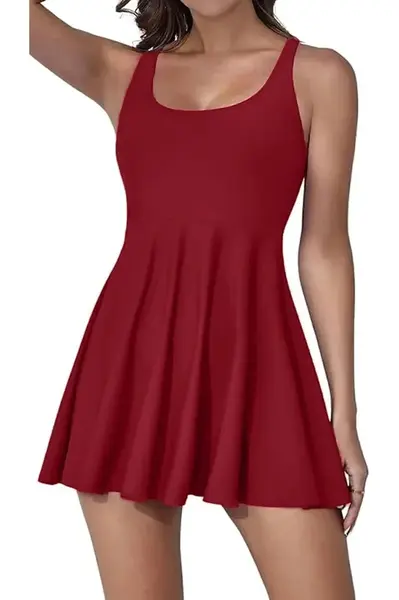 58126 Dewberry Womens Lycra With Dress Shorts Swimsuit-BORDEAUX