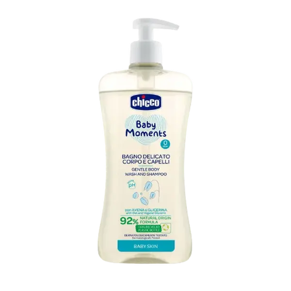 CHICCO Šampon jemný na vlasy a tělo s dávkovačem Baby Moments 92 % přírodních složek 500 ml