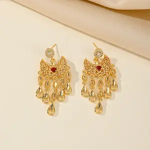 Golden Crescent Moon Tassel Brass Dangle Stud Earrings