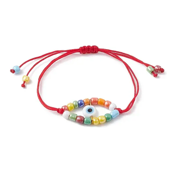 Adjustable Evil Eye Lampwork & Seed Braided Bead Bracelet