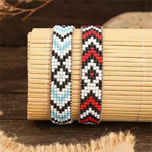 2Pcs Bohemian Style Geometric Pattern Red Blue Glass Bead Handmade Bracelet