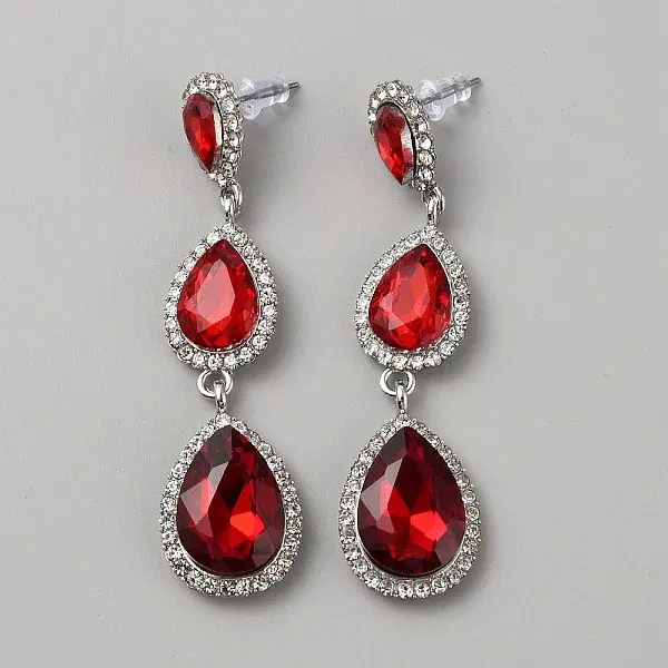 Glass Teardrop Dangle Stud Earrings with Rhinestone
