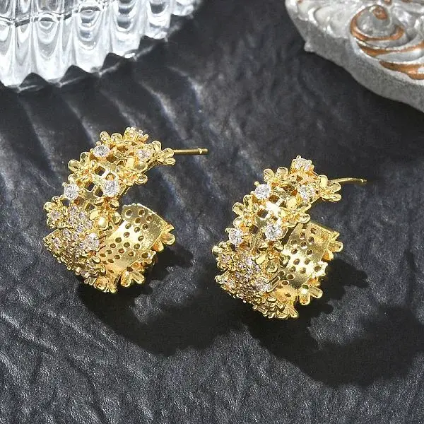 C-Shaped Brass & Clear Cubic Zirconia Stud Earrings