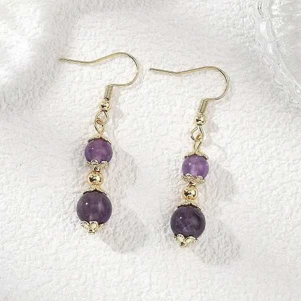 Natural Amethyst Round Dangle Earrings